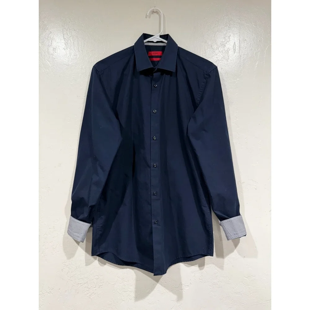 HUGO Hugo Boss C-Joey Navy Blue Slim Fit Cotton Button Down Shirt Mens 15.5 S